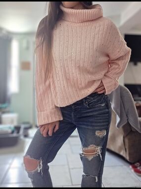 NWT, Adyson Parker Blush Pink Turtleneck Sweater with Stud Embellishments